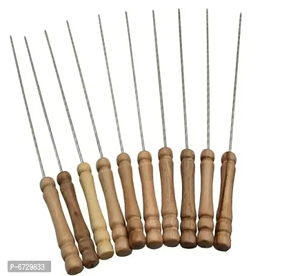 BBQ Skewers Tandoor for Barbecue, Grill | Stainless Steel Stick with Wooden Handle, (Pack of 10)-thumb0