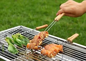 BBQ Skewers Tandoor for Barbecue, Grill | Stainless Steel Stick with Wooden Handle, (Pack of 10)-thumb1