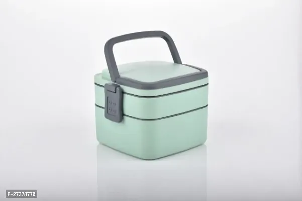 Double-Layer Bento Square Lunch Container - 2 Compartment Tiffin with Handle  Push Lock-thumb0