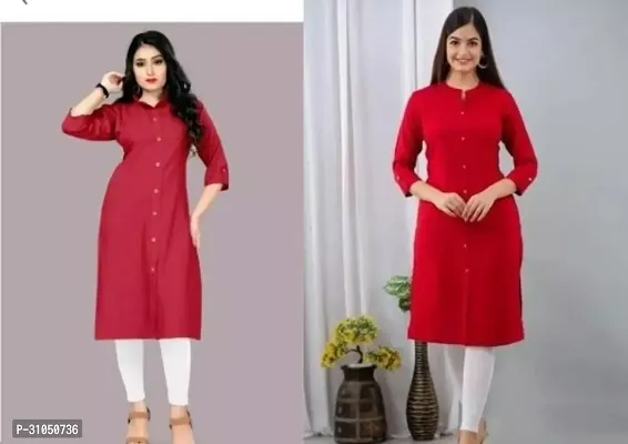 Stylish Red Rayon Solid Kurta For Women Pack Of 2-thumb0