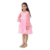 Girl's Net Full Sleeve Pink Party Wear Embroidered Frock Dress-thumb2