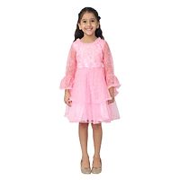 Girl's Net Full Sleeve Pink Party Wear Embroidered Frock Dress-thumb1