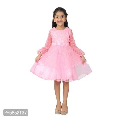 Girl's Net Full Sleeve Pink Party Wear Embroidered Frock Dress