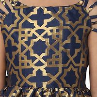 Girl's Brocade Sleeveless Navy Blue & Golden Party Wear Woven Frock Dress-thumb2