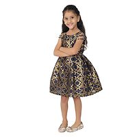 Girl's Brocade Sleeveless Navy Blue & Golden Party Wear Woven Frock Dress-thumb4