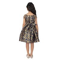 Girl's Brocade Sleeveless Navy Blue & Golden Party Wear Woven Frock Dress-thumb3