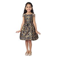 Girl's Brocade Sleeveless Navy Blue & Golden Party Wear Woven Frock Dress-thumb1