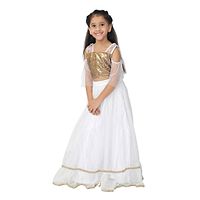 Girl's Net Sleeveless White & Golden Party Wear Woven Frock Dress-thumb2