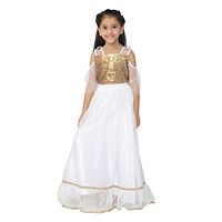 Girl's Net Sleeveless White & Golden Party Wear Woven Frock Dress-thumb1