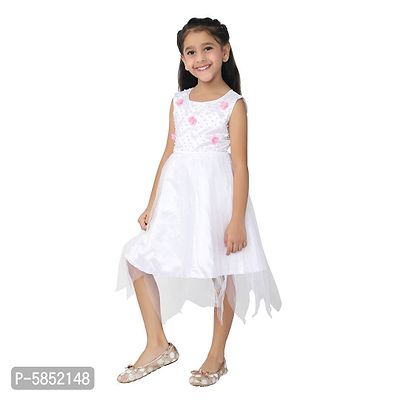 Girl's Net Sleeveless White Party Wear Embroidered Frock Dress-thumb4