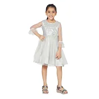 Girl's Grey Party 3/4 Sleeves Knee Length Net Frock Dress-thumb1