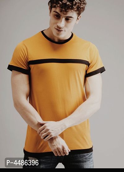 Men's Yellow Cotton Blend Self Pattern Round Neck Tees