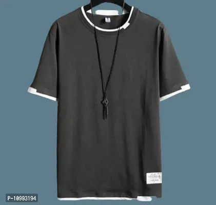 Grey colour block round neck T shirt