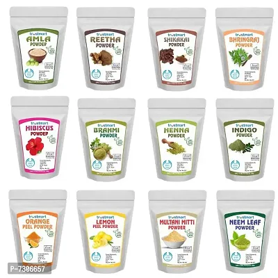 TRUSTMART 12 in 1 Combo Amla,Reetha,Shikakai,Bhringraj,Hibiscus,Brahmi,Indigo,Henna,Orange Peel,Lamon Peel,Multani Mitti And Neem Leaf Powder 600g Each 50g