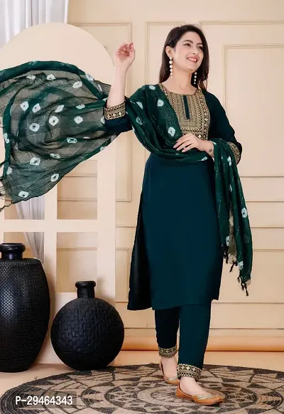 Stylish Green Rayon Kurta, Bottom And Dupatta Set For Women