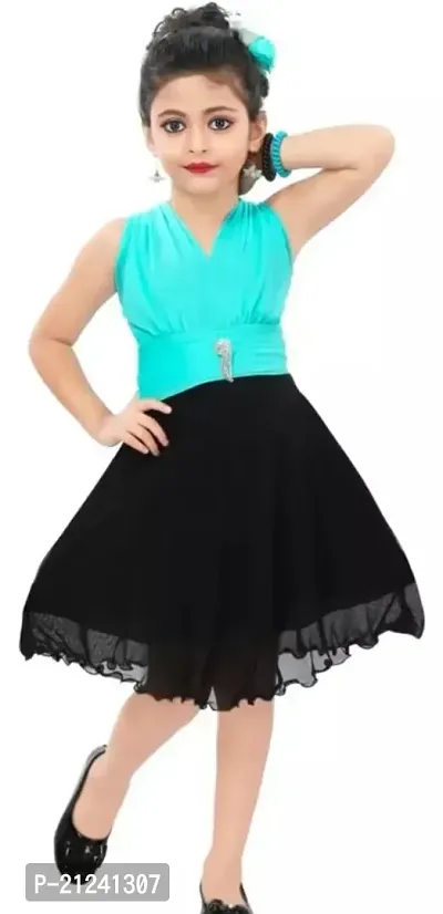 Fabulous Green  Black Cotton  Net Solid A-Line Dress For Girls-thumb0