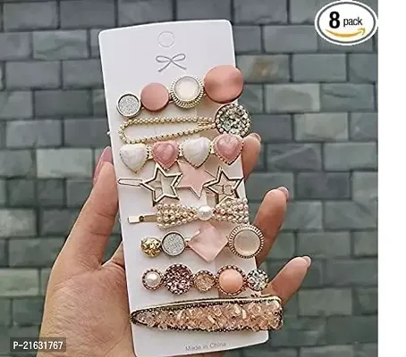 Hair Clips Barrettes Pins for Women Geometric Shape Hollow Hairpin Korean Clips Hair Clip Clamps, Pearl Metal Clips, Combo Pack of 8