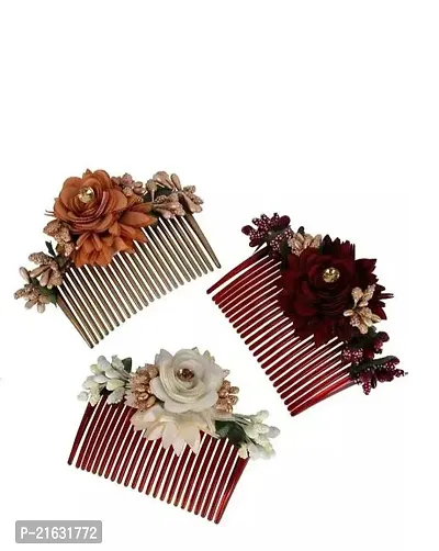 Acrylic Comb Indo Western Fancy Hair Clip/Side Pin/Comb Pin/Jooda Pin Hair Accessories with Cloth Flower for Women and Girls Pack Of 3