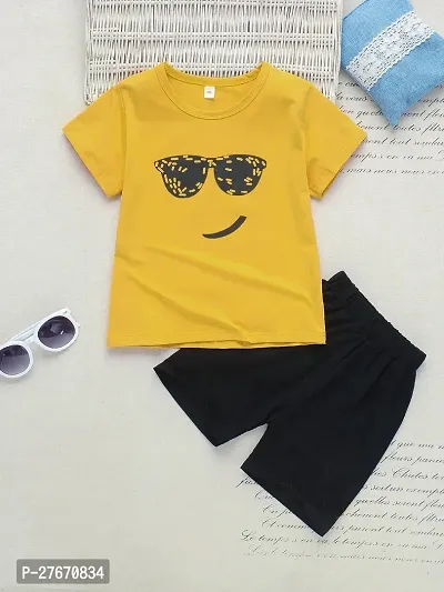 Fabulous Yellow Cotton Blend Printed T-Shirts with Shorts For Boys