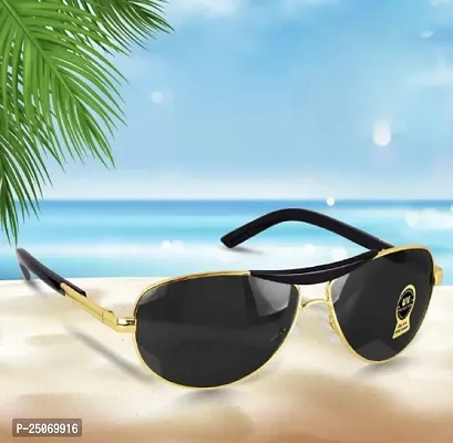 Aviator UV 400 Protection Black Glass Golden Frame Sunglasses for Men, Women (GOLD-BLACK)-thumb0