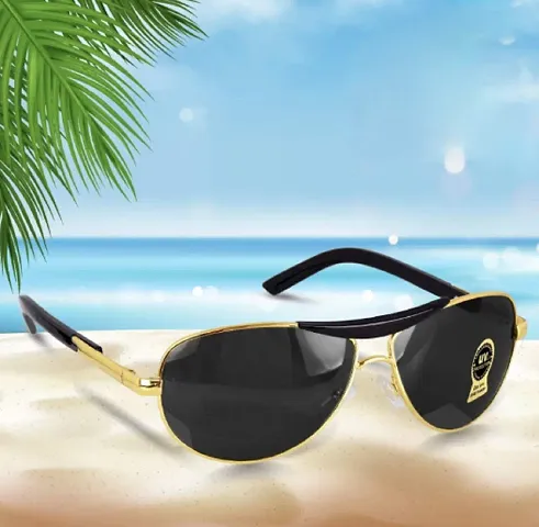 Aviator UV 400 Protection Black Glass Golden Frame Sunglasses for Men, Women (GOLD-BLACK)