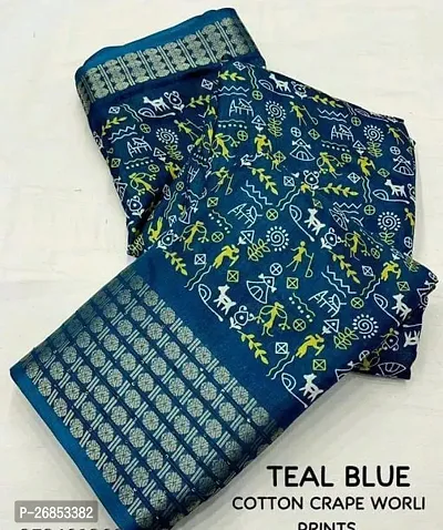 Blue Cotton Blend Self Pattern Achira Printed Saree with Blouse piece-thumb0