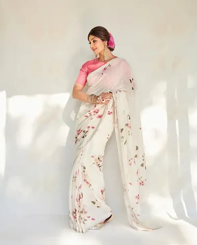 Women Linen Printed Saree With Blouse Piece