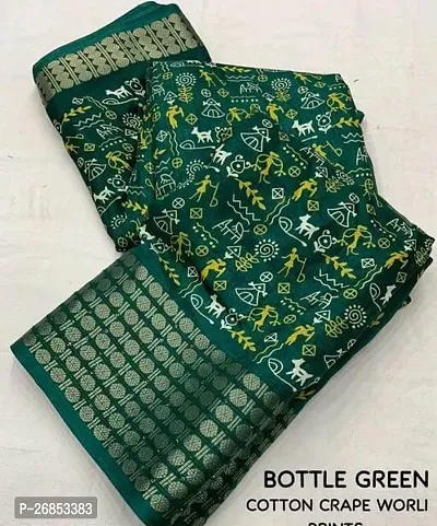 Green Cotton Blend Self Pattern Achira Printed Saree with Blouse piece
