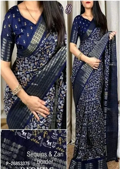 Navy Blue  Cotton Blend Self Pattern Achira Printed Saree with Blouse piece-thumb0