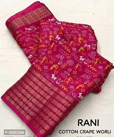 Pink Cotton Blend Self Pattern Printed Saree with Blouse piece