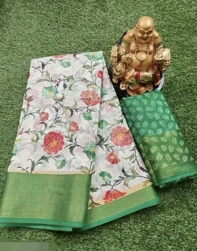 Cotton Blend Printed Zari Border Sarees with Blouse piece