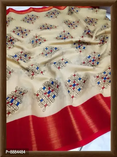 Printed Cotton Zari Border Saree With Blouse Piece