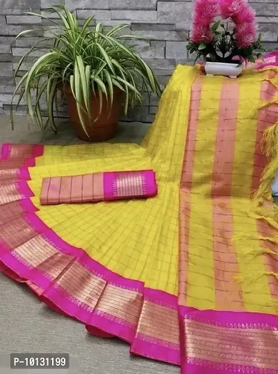 Yellow Cotton Silk Checked Sarees For Women-thumb0