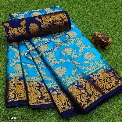 Blue Silk Blend Ready to wear Jecquard Banarasi Silk With Blouse Piece-thumb0