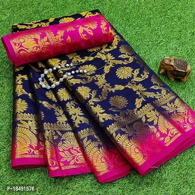 Navy Blue Silk Blend Ready to wear Jecquard Banarasi Silk With Blouse Piece