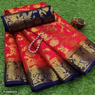 Red Silk Blend Ready to wear Jecquard Banarasi Silk With Blouse Piece