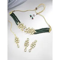 Gold Plated Jewellery Set with Kundan and Pearls, Necklace, Earrings, Maang Tikka (GREEN)-thumb1