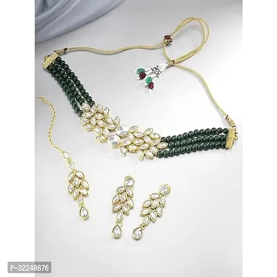 Gold Plated Jewellery Set with Kundan and Pearls, Necklace, Earrings, Maang Tikka (GREEN)-thumb2