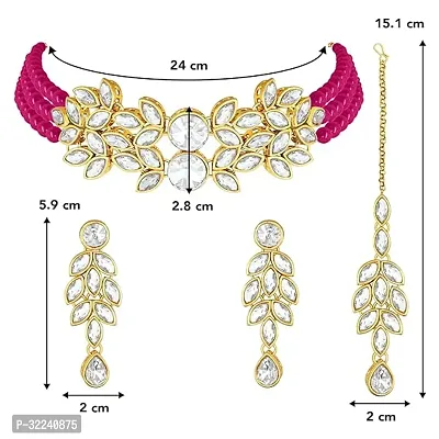 Gold Plated Jewellery Set with Kundan and Pearls, Necklace, Earrings, Maang Tikka (RANI PINK)-thumb4