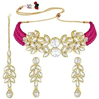 Gold Plated Jewellery Set with Kundan and Pearls, Necklace, Earrings, Maang Tikka (RANI PINK)-thumb4