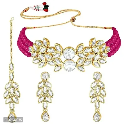 Gold Plated Jewellery Set with Kundan and Pearls, Necklace, Earrings, Maang Tikka (RANI PINK)-thumb5