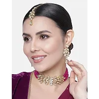 Gold Plated Jewellery Set with Kundan and Pearls, Necklace, Earrings, Maang Tikka (RANI PINK)-thumb2