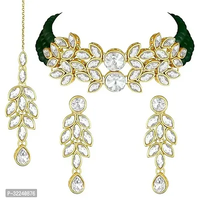 Gold Plated Jewellery Set with Kundan and Pearls, Necklace, Earrings, Maang Tikka (GREEN)-thumb0