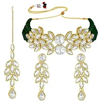 Gold Plated Jewellery Set with Kundan and Pearls, Necklace, Earrings, Maang Tikka (GREEN)-thumb4