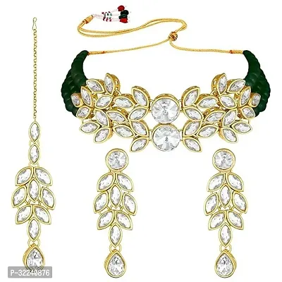 Gold Plated Jewellery Set with Kundan and Pearls, Necklace, Earrings, Maang Tikka (GREEN)-thumb5