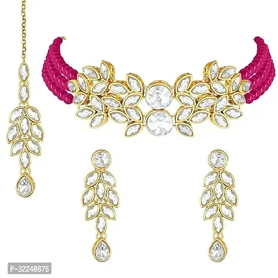 Gold Plated Jewellery Set with Kundan and Pearls, Necklace, Earrings, Maang Tikka (RANI PINK)-thumb0