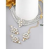 Pearl and Gold Choker Necklace Set, Floral Design (WHITE)-thumb3