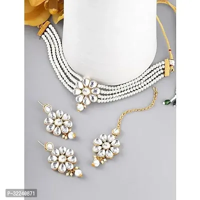 Pearl and Gold Choker Necklace Set, Floral Design (WHITE)-thumb4