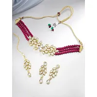 Gold Plated Jewellery Set with Kundan and Pearls, Necklace, Earrings, Maang Tikka (RANI PINK)-thumb1