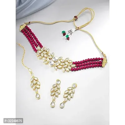 Gold Plated Jewellery Set with Kundan and Pearls, Necklace, Earrings, Maang Tikka (RANI PINK)-thumb2